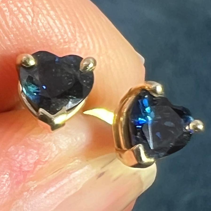 14k Yellow Gold Natural Blue Sapphire Heart Earrings. 1/4"