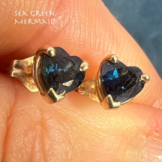 14k Yellow Gold Natural Blue Sapphire Heart Earrings. 1/4"