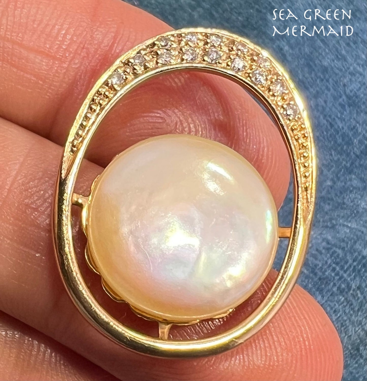 14k Yellow Gold Natural Pearl & Diamond Pendant Modern Oval Design *Video*