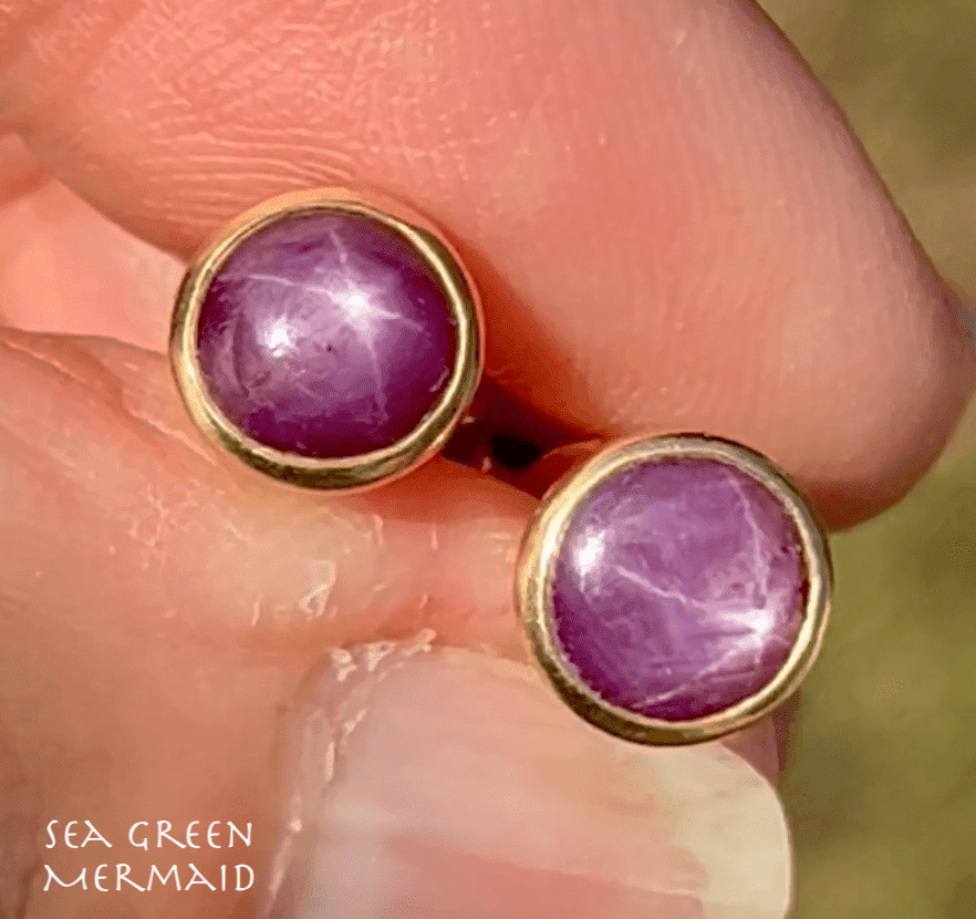 14k Yellow Gold Natural Star Sapphire Ruby Earrings *Video*