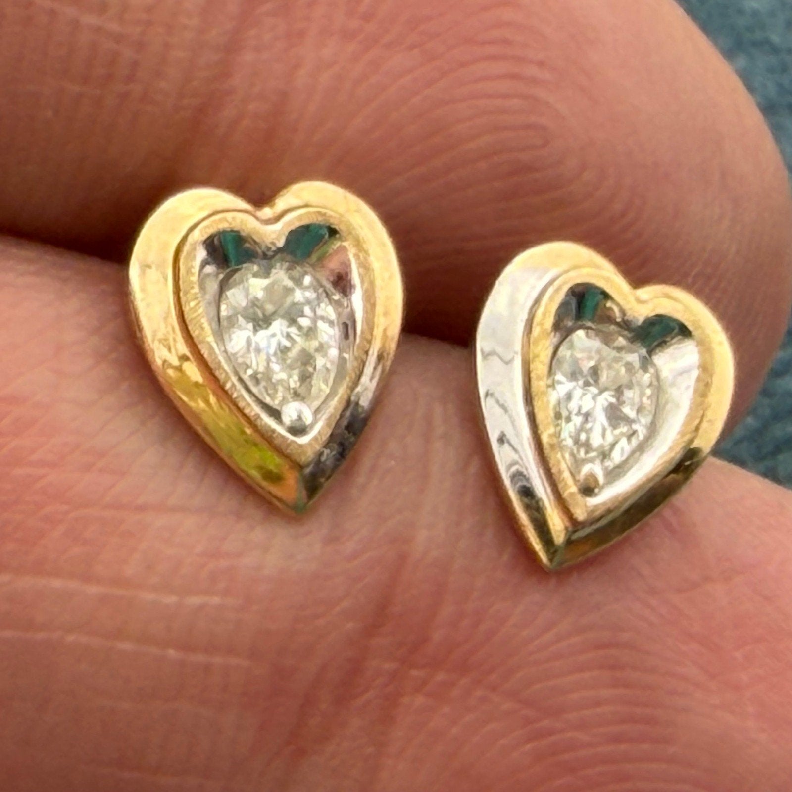 14k Yellow Gold Natural Teardrop Diamond HEART Earrings. Antique
