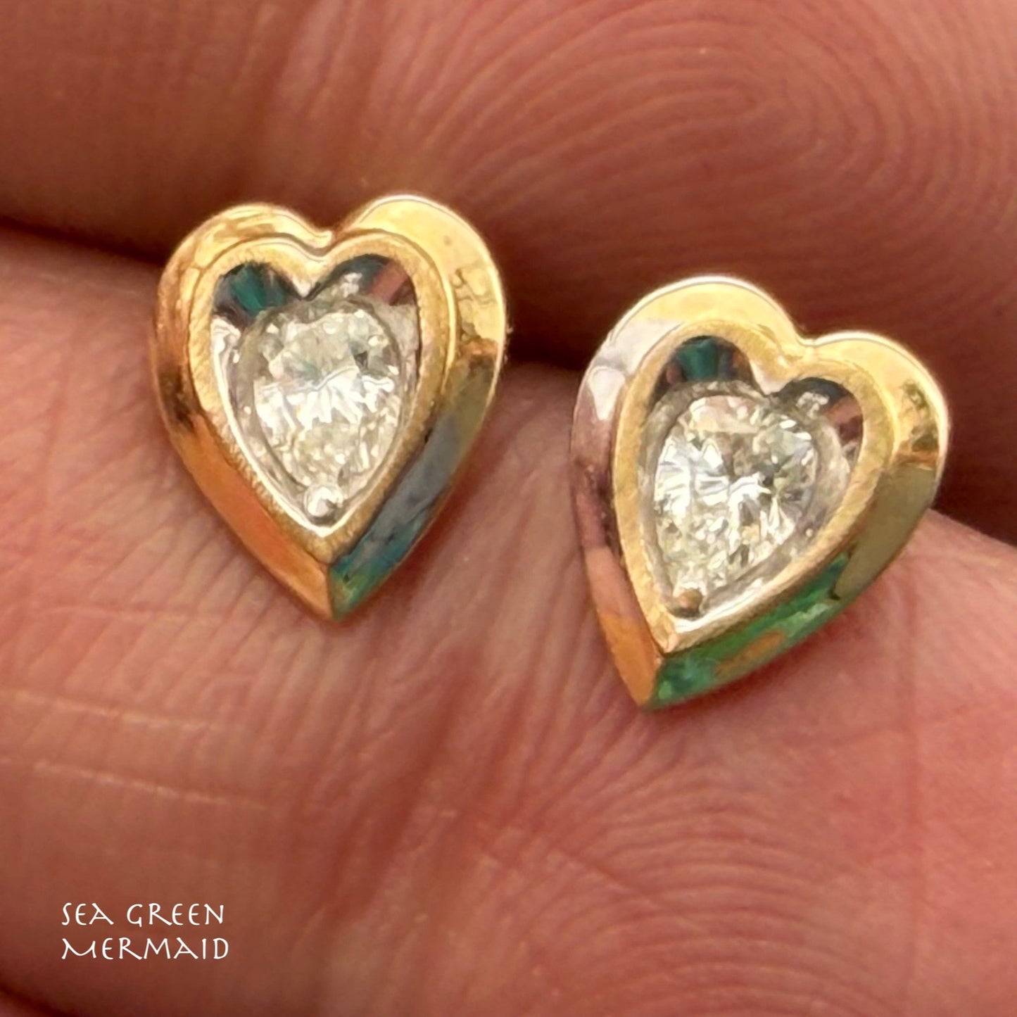 14k Yellow Gold Natural Teardrop Diamond HEART Earrings. Antique