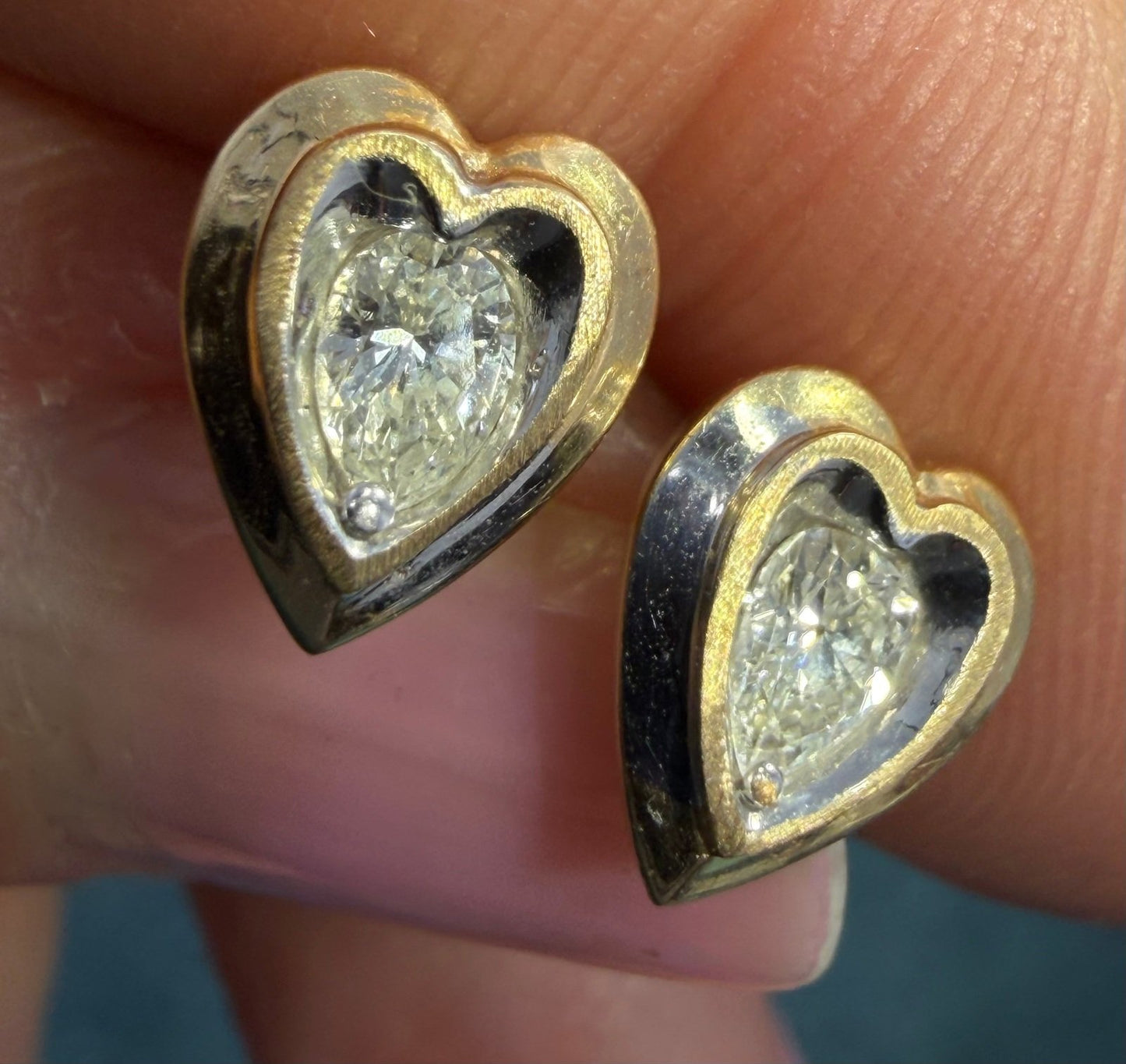 14k Yellow Gold Natural Teardrop Diamond HEART Earrings. Antique