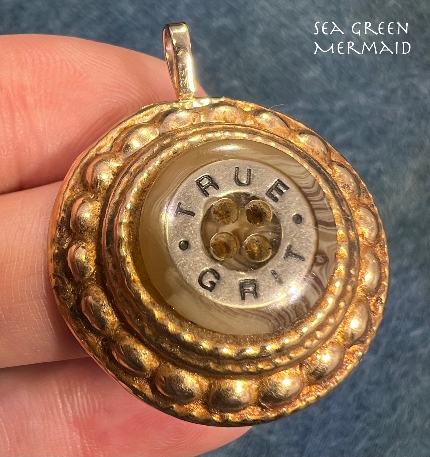 14k Yellow Gold Pendant w/ Antique Shell – “TRUE GRIT” Mandala Design