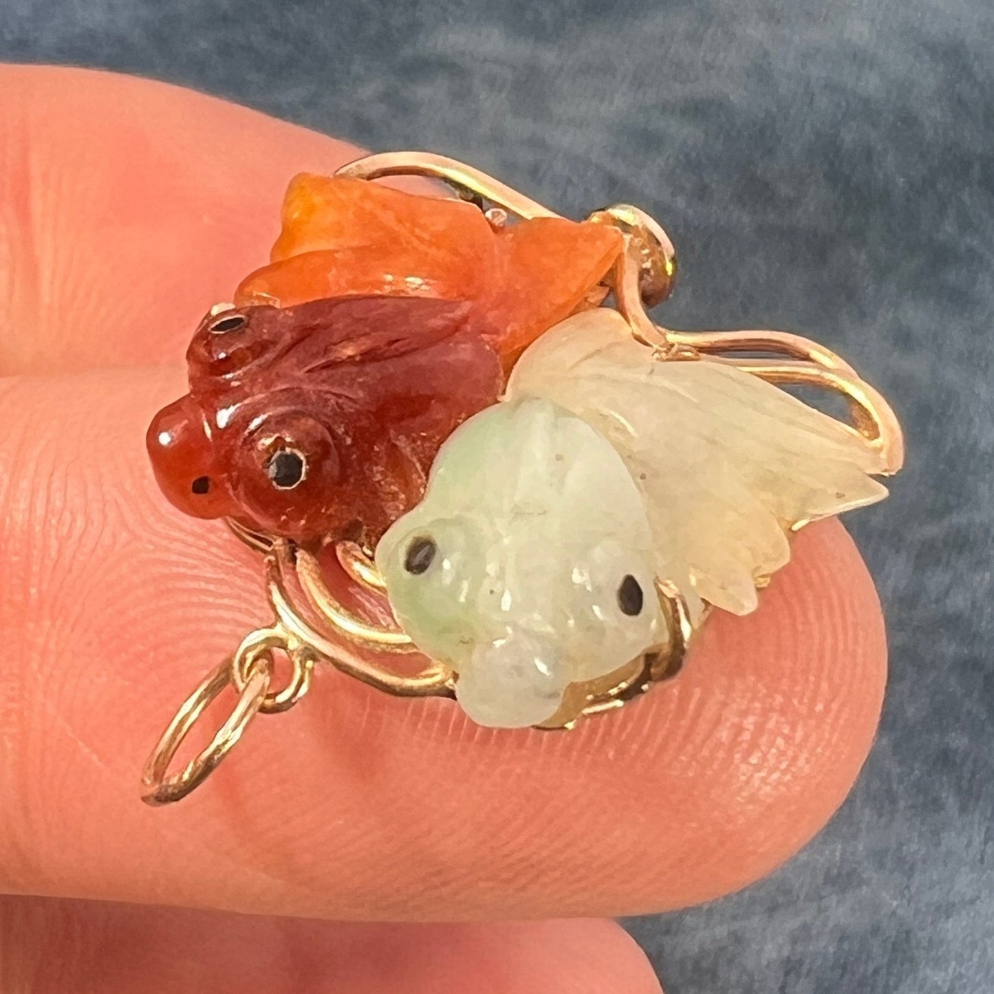 14k Yellow Gold Red + Green Jade Carved KOI Fish Pendant. 1"