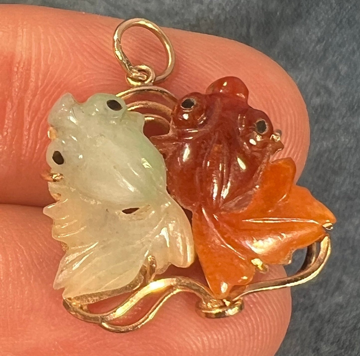 14k Yellow Gold Red + Green Jade Carved KOI Fish Pendant. 1"