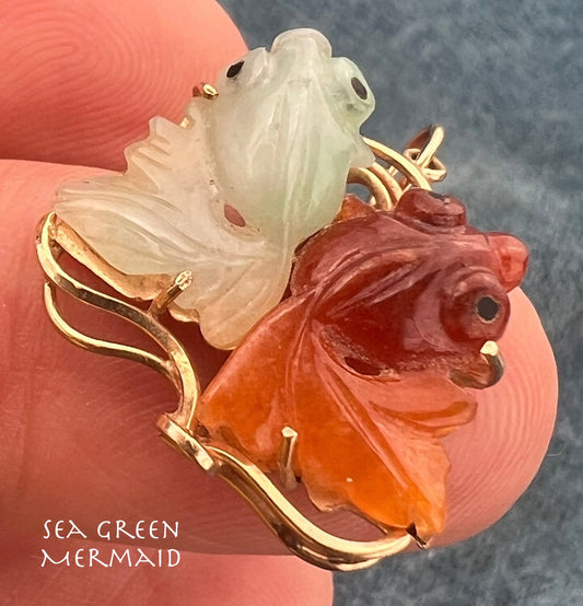 14k Yellow Gold Red + Green Jade Carved KOI Fish Pendant. 1"