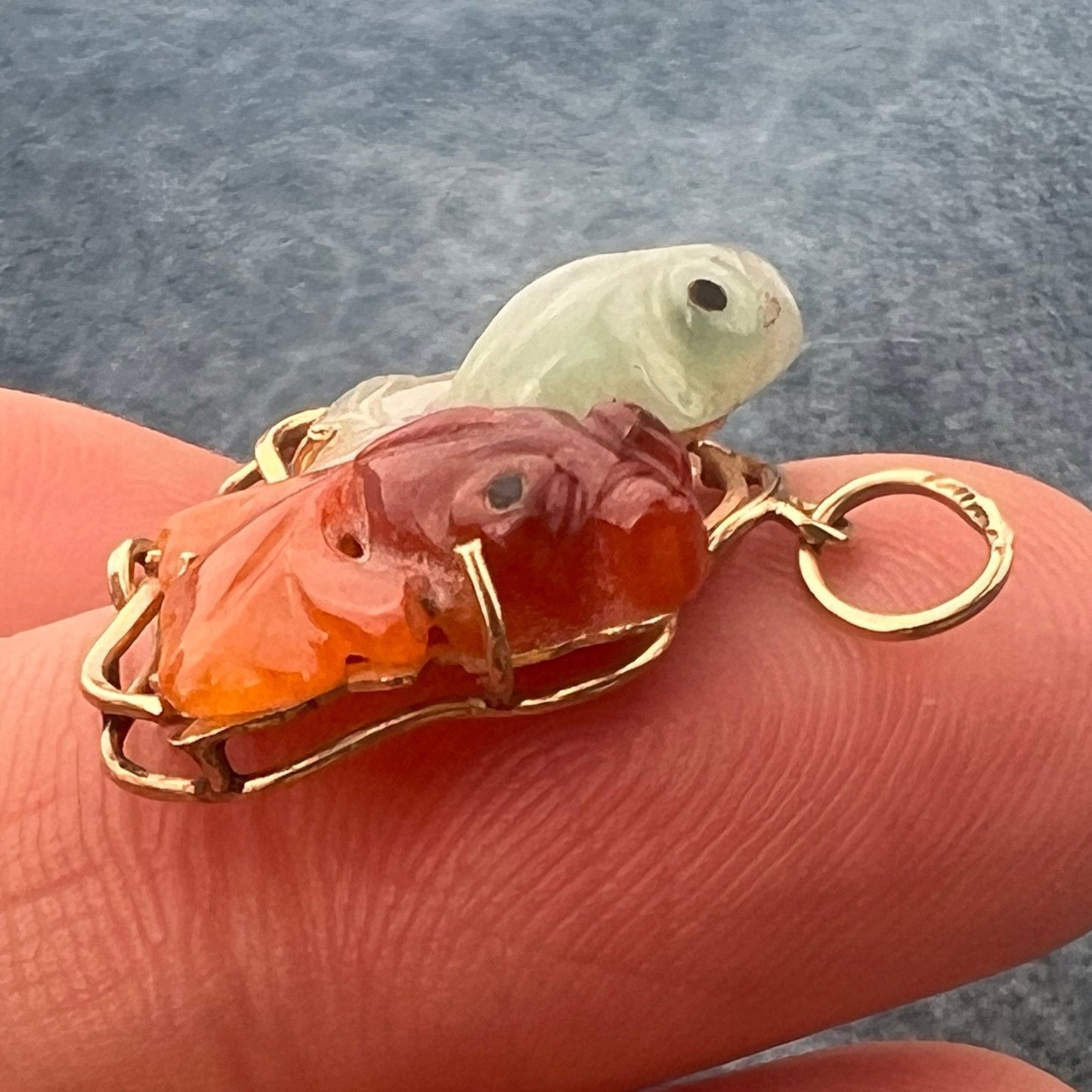 14k Yellow Gold Red + Green Jade Carved KOI Fish Pendant. 1"