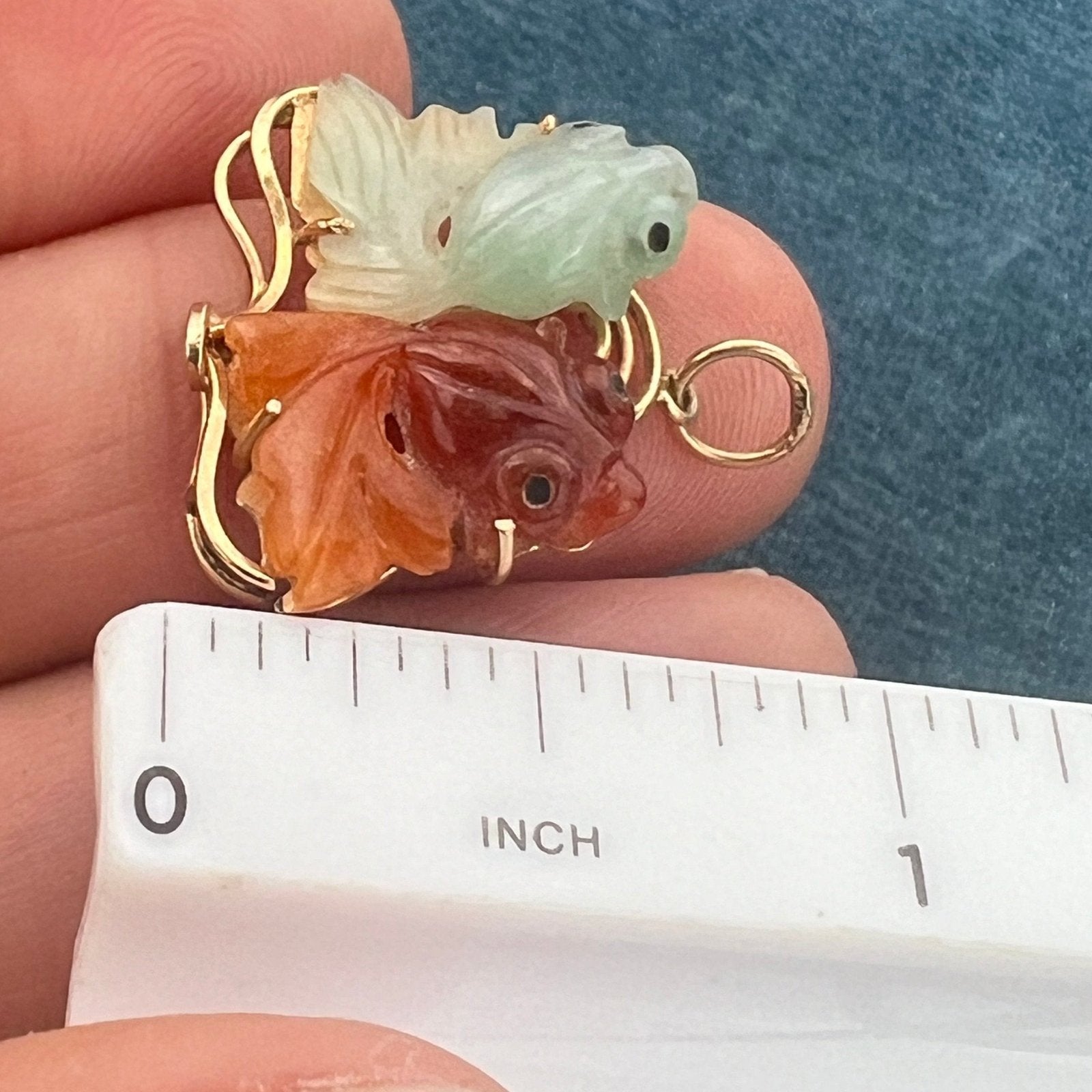 14k Yellow Gold Red + Green Jade Carved KOI Fish Pendant. 1"