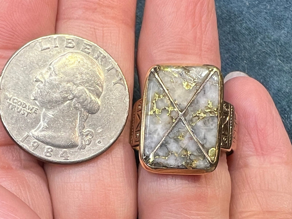 14k Yellow Gold Ring w Inlaid Alaskan Gold Quartz. 0.8" + 9g