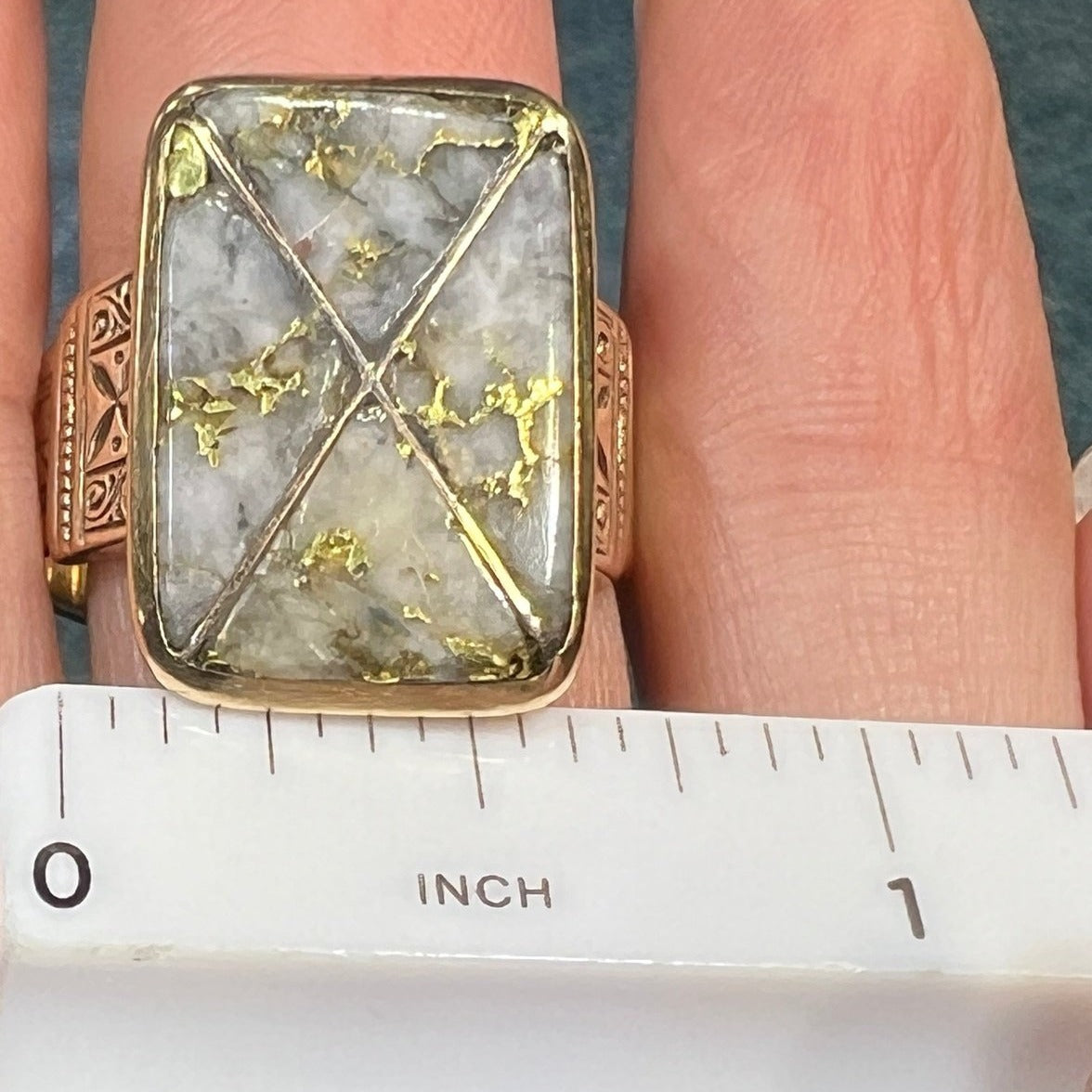 14k Yellow Gold Ring w Inlaid Alaskan Gold Quartz. 0.8" + 9g