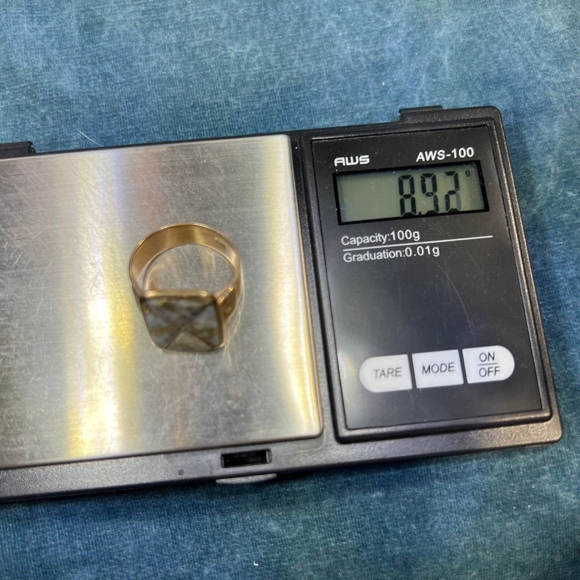14k Yellow Gold Ring w Inlaid Alaskan Gold Quartz. 0.8" + 9g