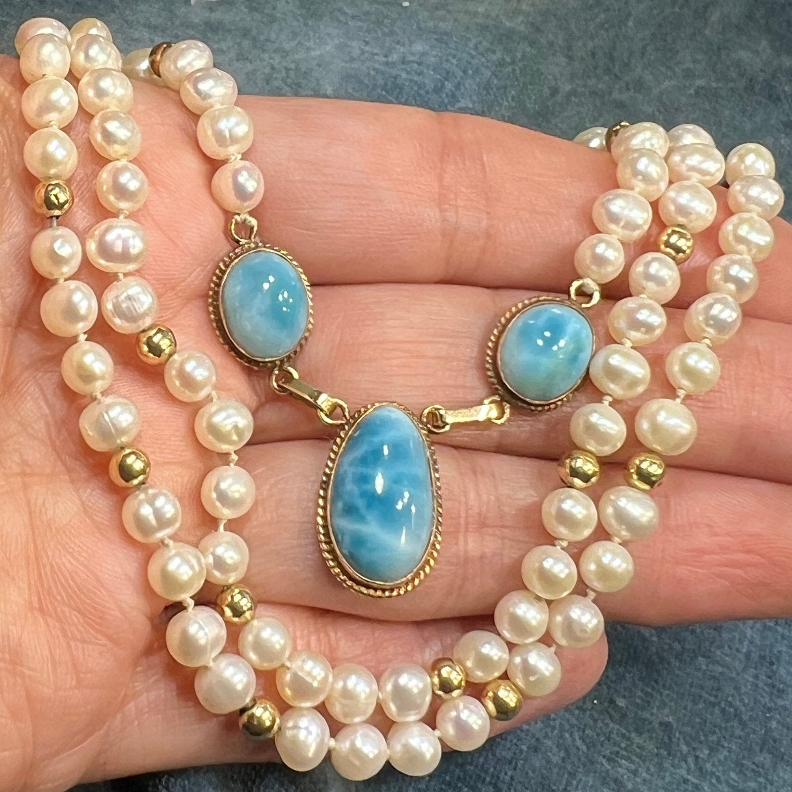 14k Yellow Gold Robins Egg Blue Larimar + Pearl Necklace