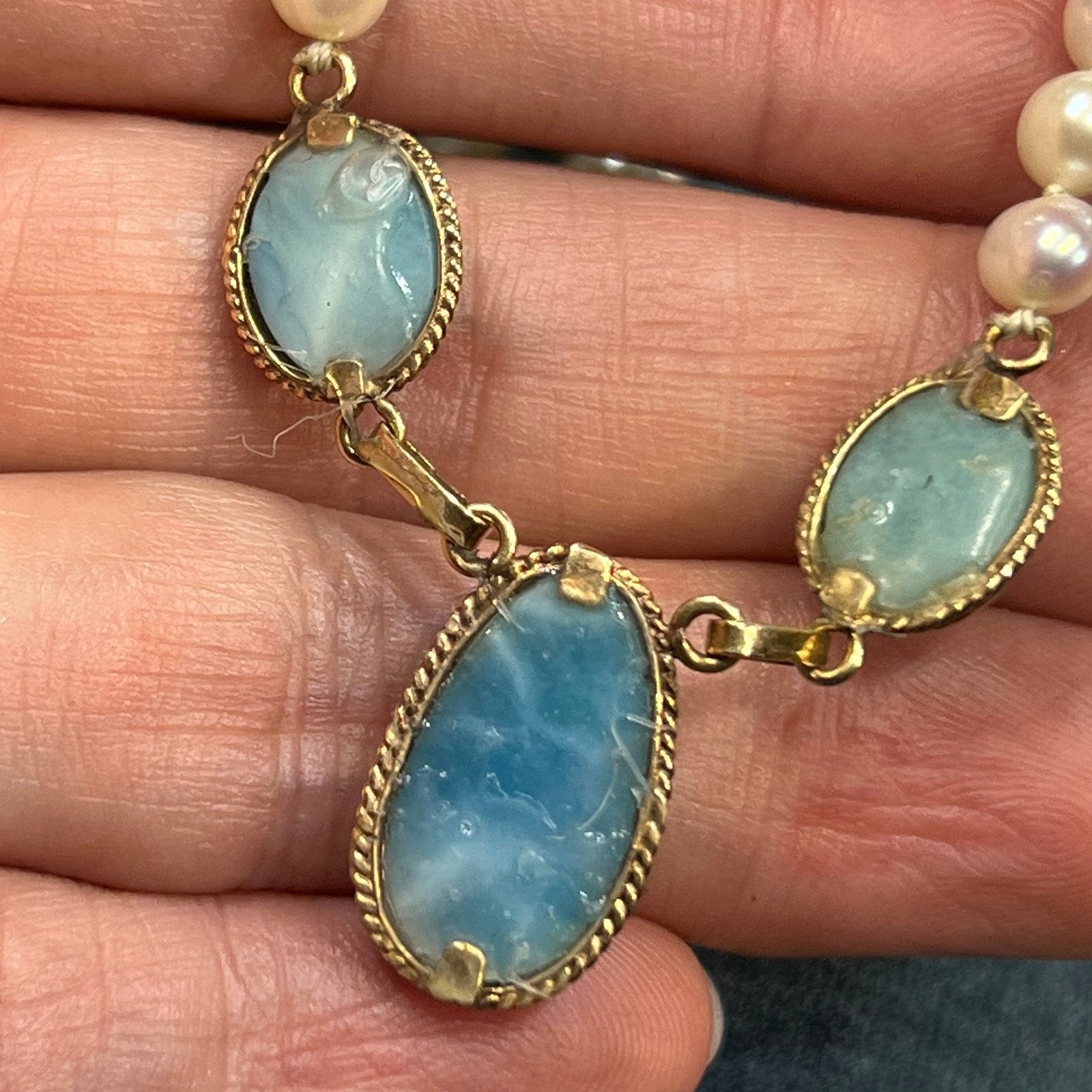 14k Yellow Gold Robins Egg Blue Larimar + Pearl Necklace