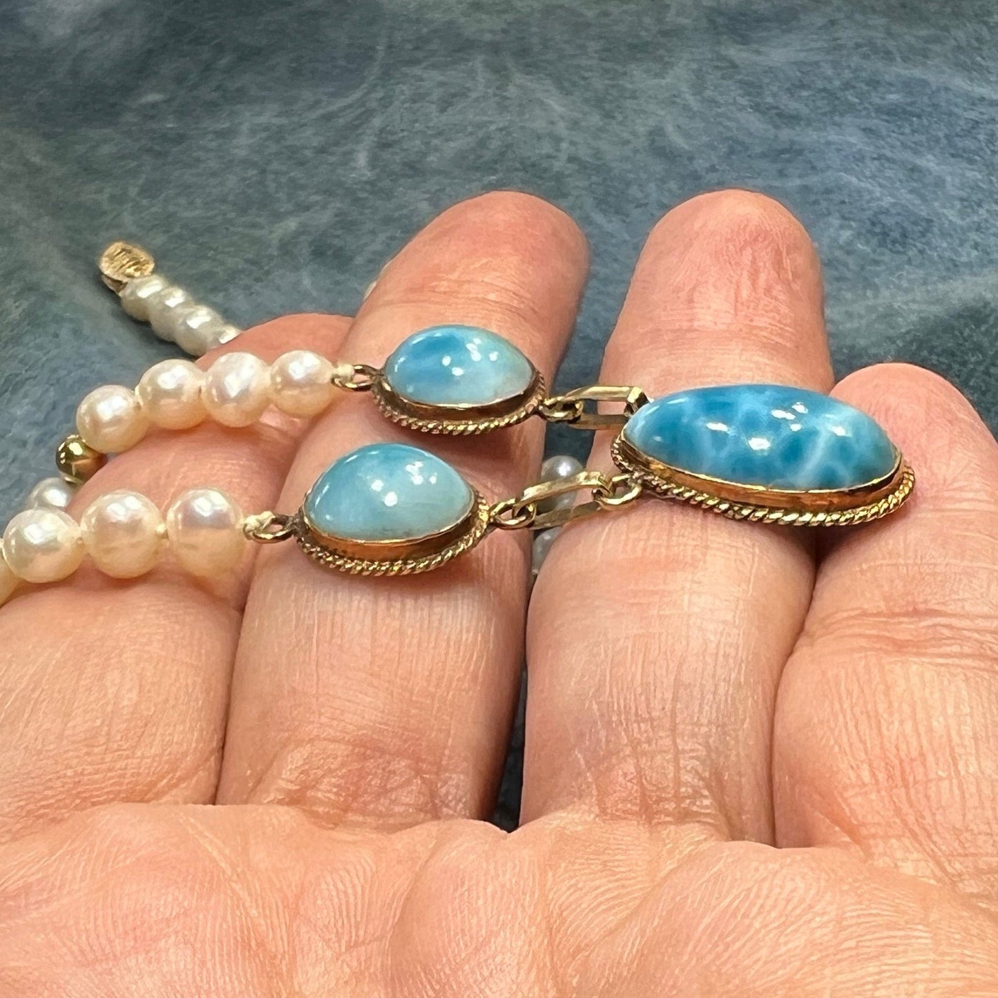 14k Yellow Gold Robins Egg Blue Larimar + Pearl Necklace