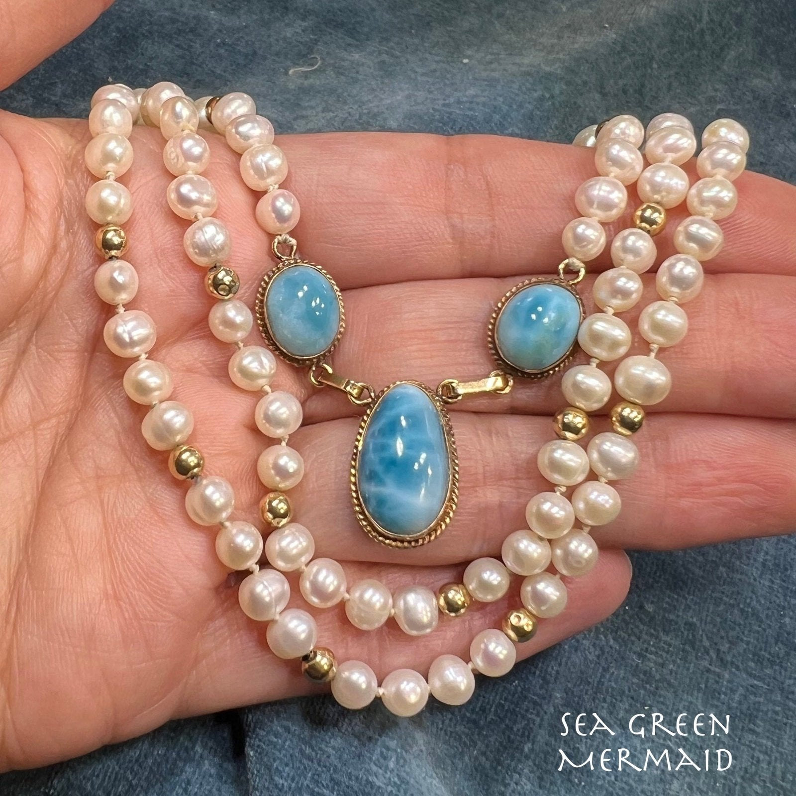 14k Yellow Gold Robins Egg Blue Larimar + Pearl Necklace