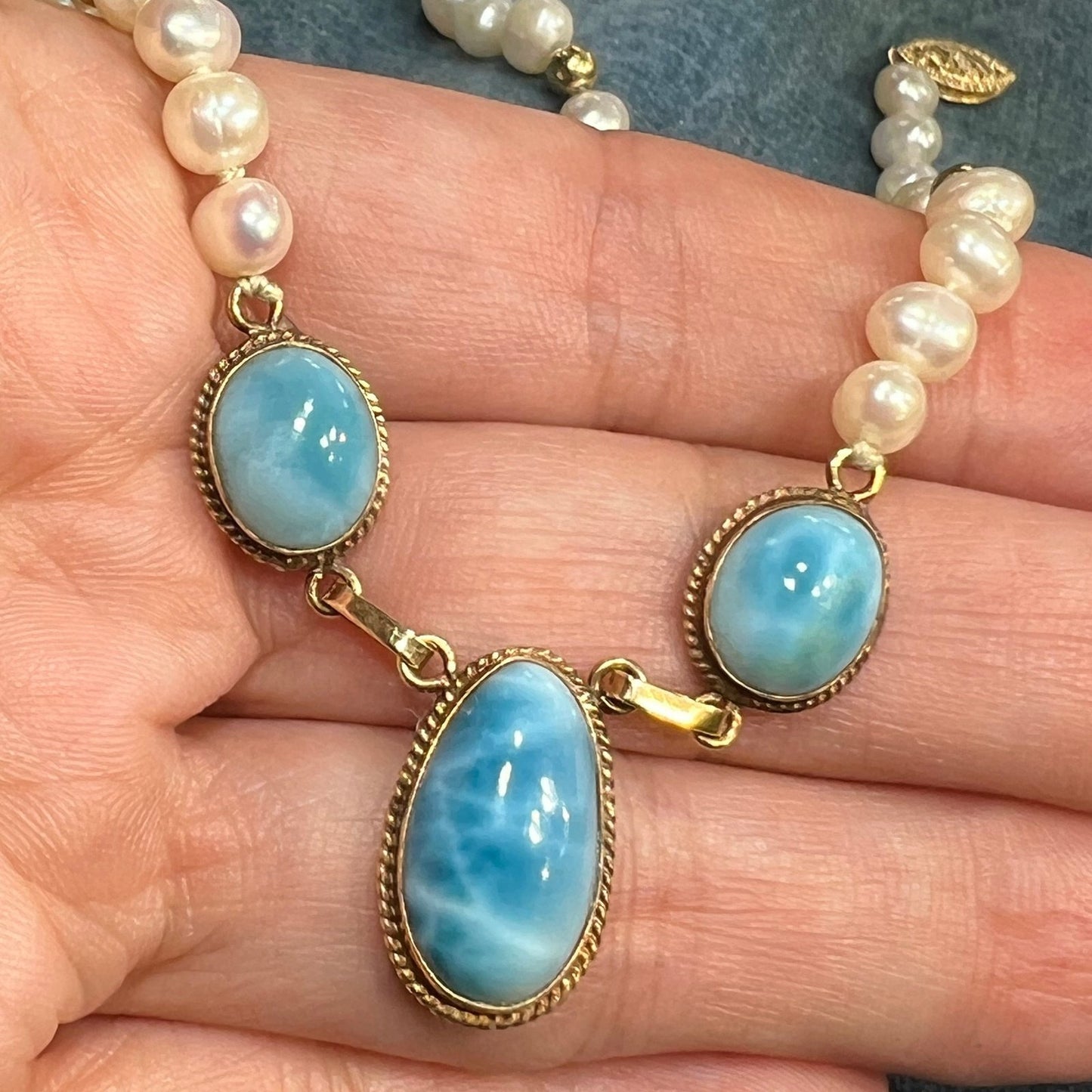 14k Yellow Gold Robins Egg Blue Larimar + Pearl Necklace