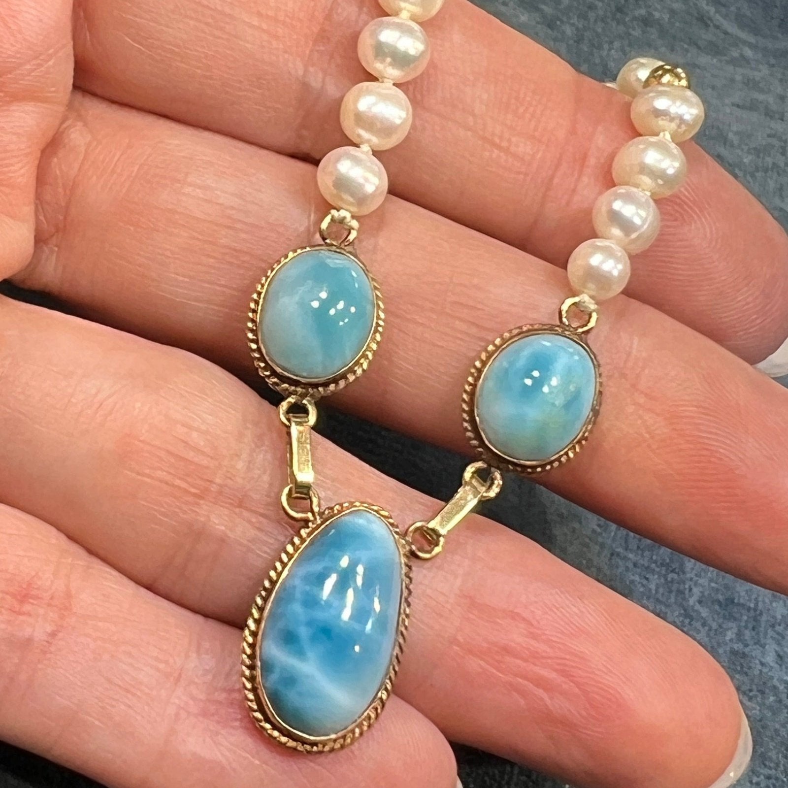 14k Yellow Gold Robins Egg Blue Larimar + Pearl Necklace