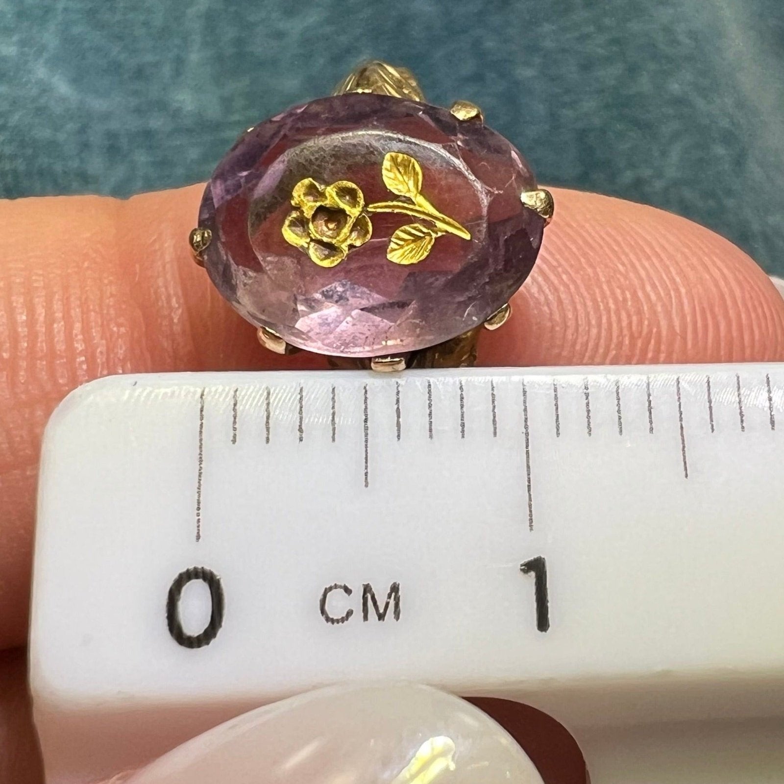 14k Yellow Gold Rose of Sharon Carved Amethyst Flower Ring