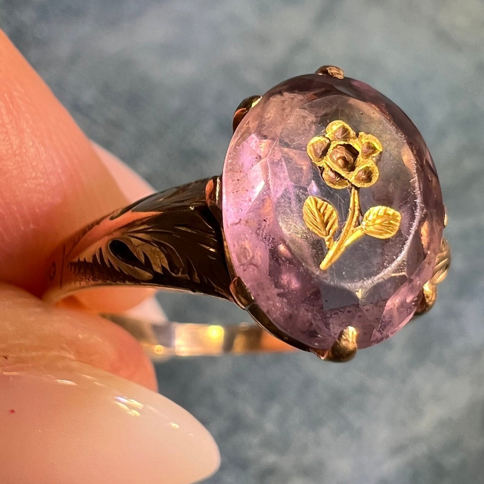 14k Yellow Gold Rose of Sharon Carved Amethyst Flower Ring