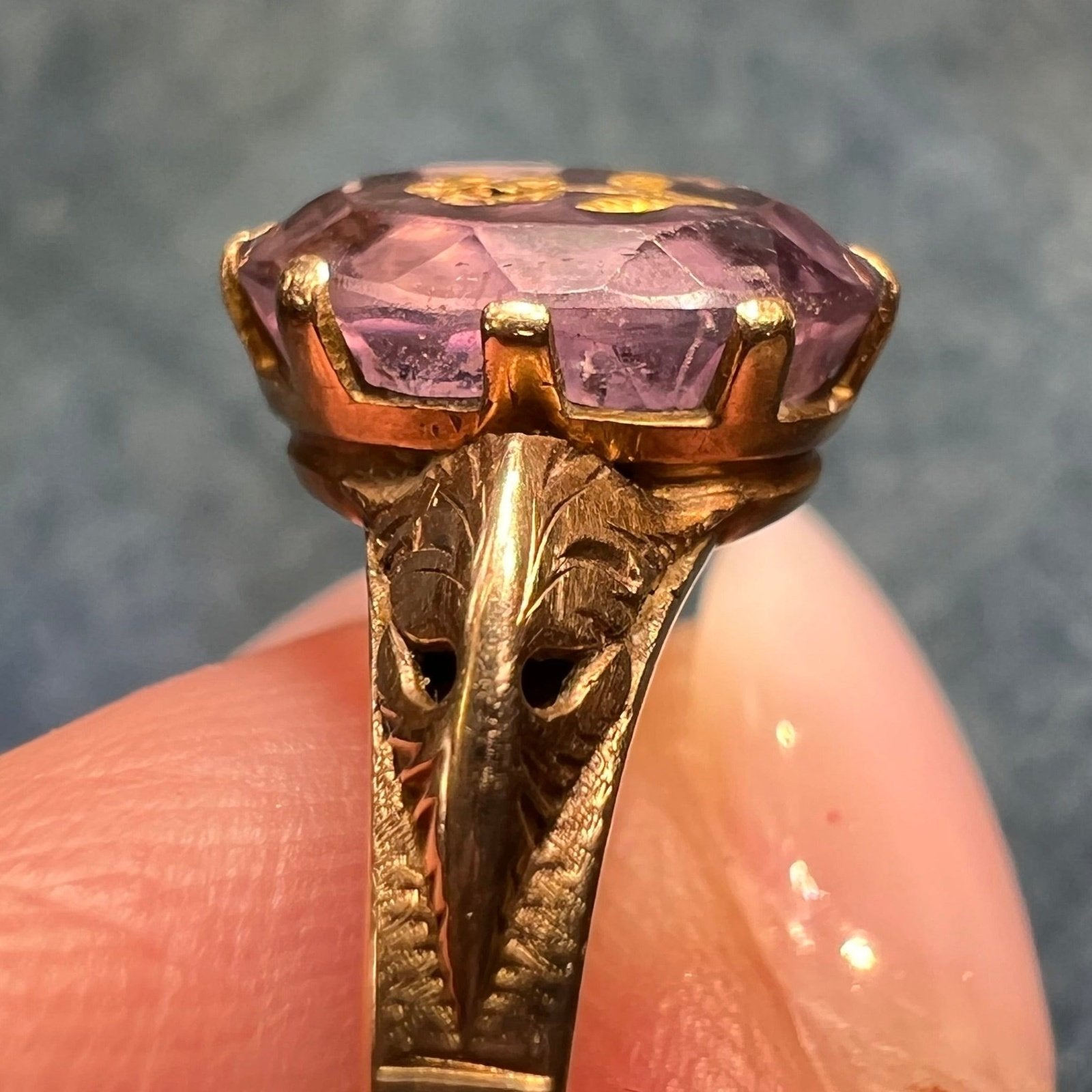 14k Yellow Gold Rose of Sharon Carved Amethyst Flower Ring