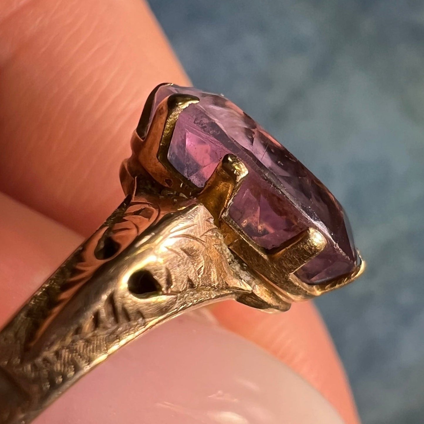 14k Yellow Gold Rose of Sharon Carved Amethyst Flower Ring