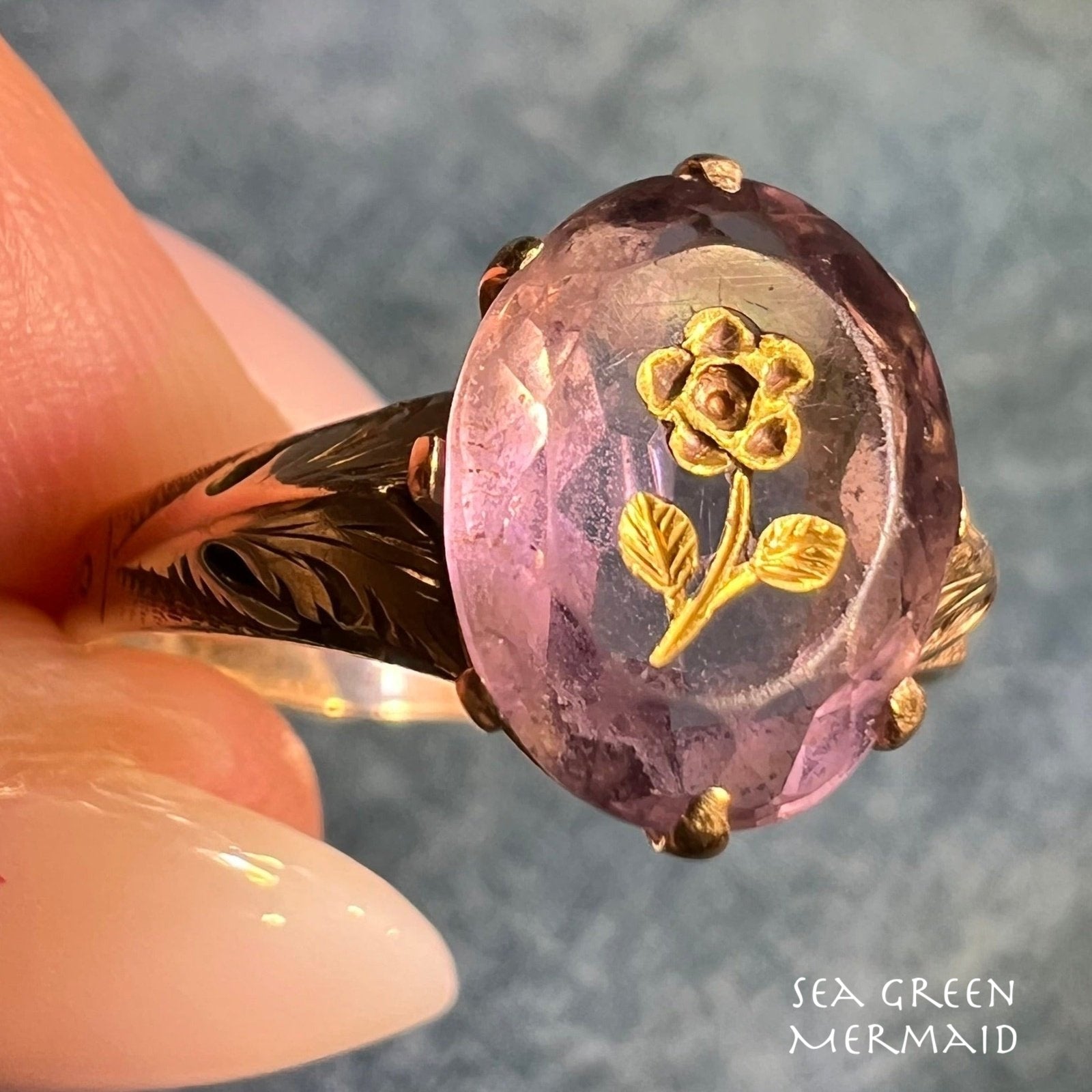 14k Yellow Gold Rose of Sharon Carved Amethyst Flower Ring