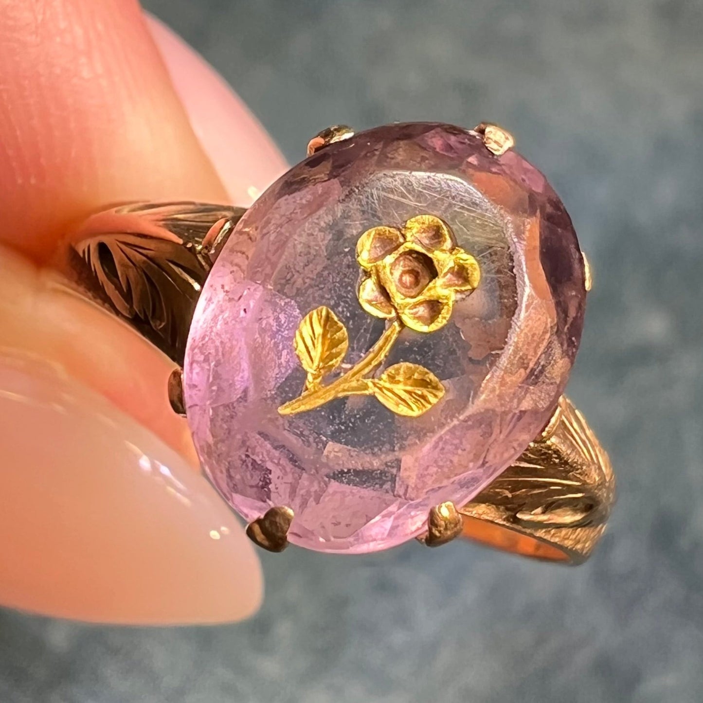 14k Yellow Gold Rose of Sharon Carved Amethyst Flower Ring