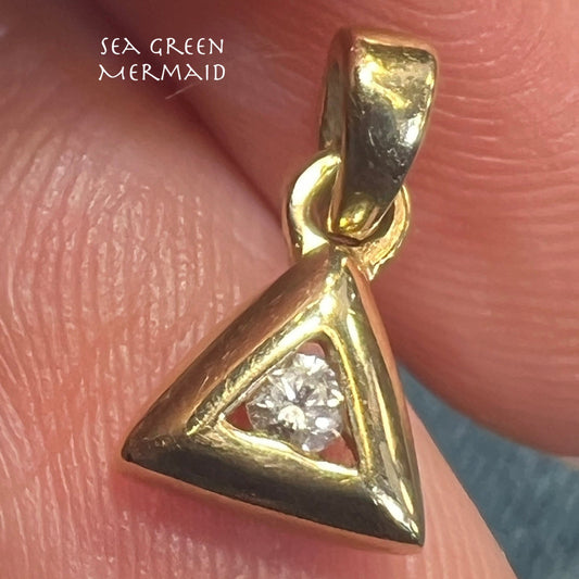 10k Yellow Gold Round Diamond Solitaire in Triangle Pendant. TINY!