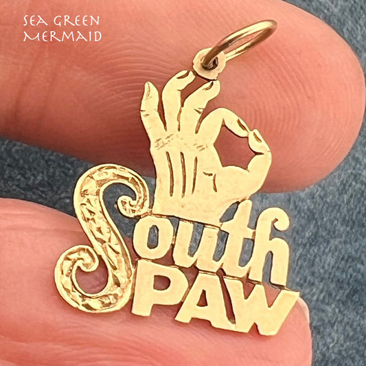 14k Yellow Gold "SOUTH PAW" Pendant. Nickname for Lefties