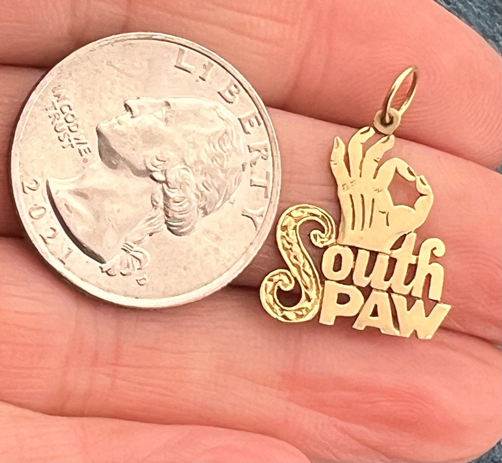14k Yellow Gold "SOUTH PAW" Pendant. Nickname for Lefties