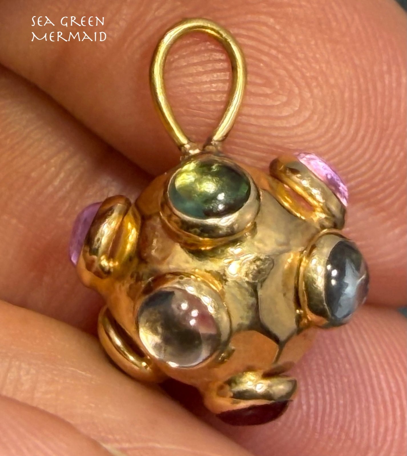 14k Yellow Gold SPUTNIK Ball Multi-Gem Cabochon Pendant *Video*