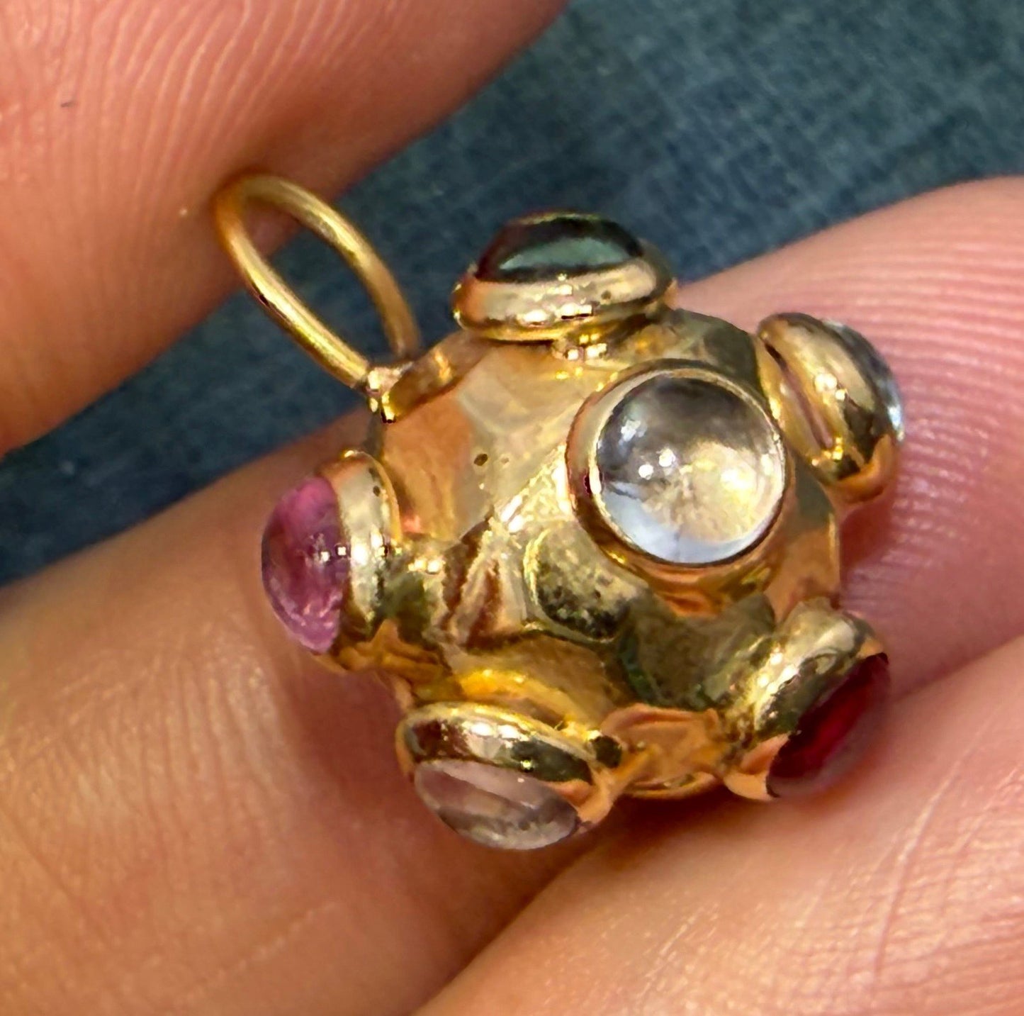 14k Yellow Gold SPUTNIK Ball Multi-Gem Cabochon Pendant *Video*