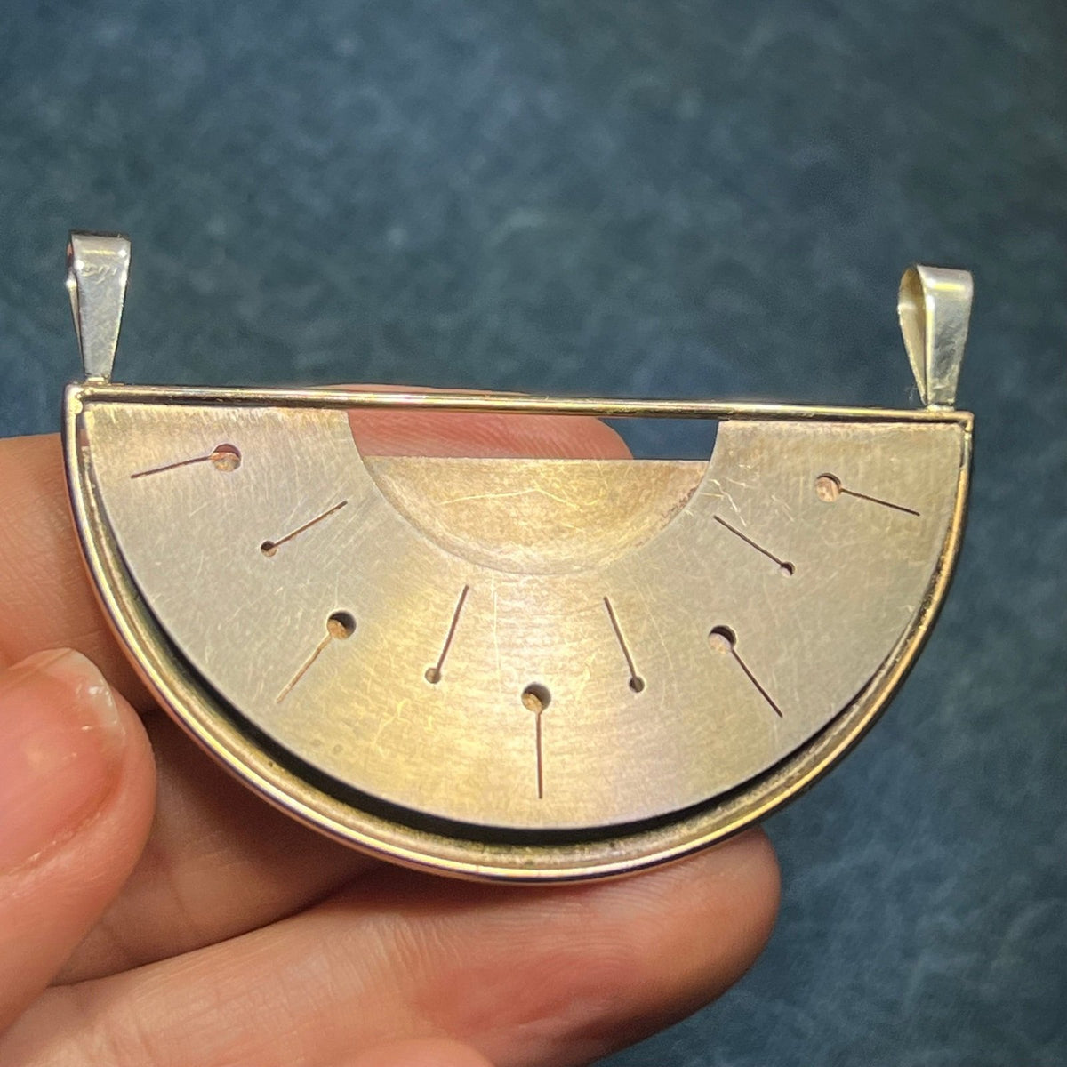 14k Yellow Gold + Silver Mid-Century Modern Semi-Circle Pendant. 2.2" + 13g