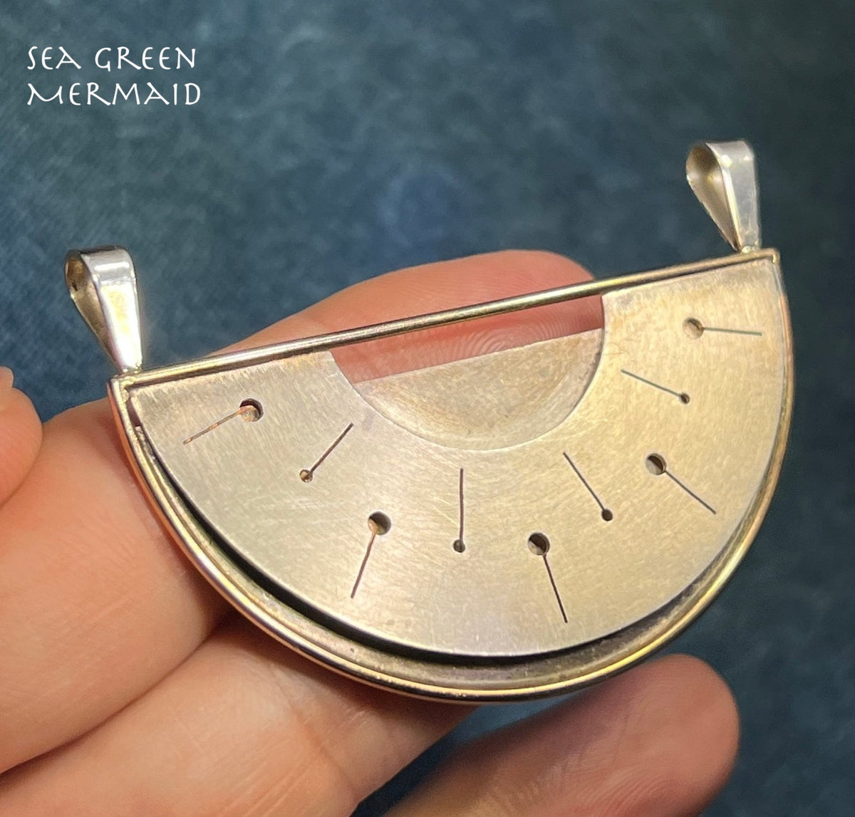 14k Yellow Gold + Silver Mid-Century Modern Semi-Circle Pendant. 2.2" + 13g