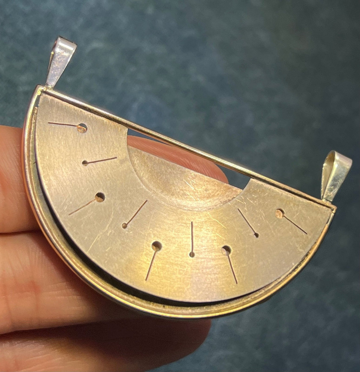 14k Yellow Gold + Silver Mid-Century Modern Semi-Circle Pendant. 2.2" + 13g