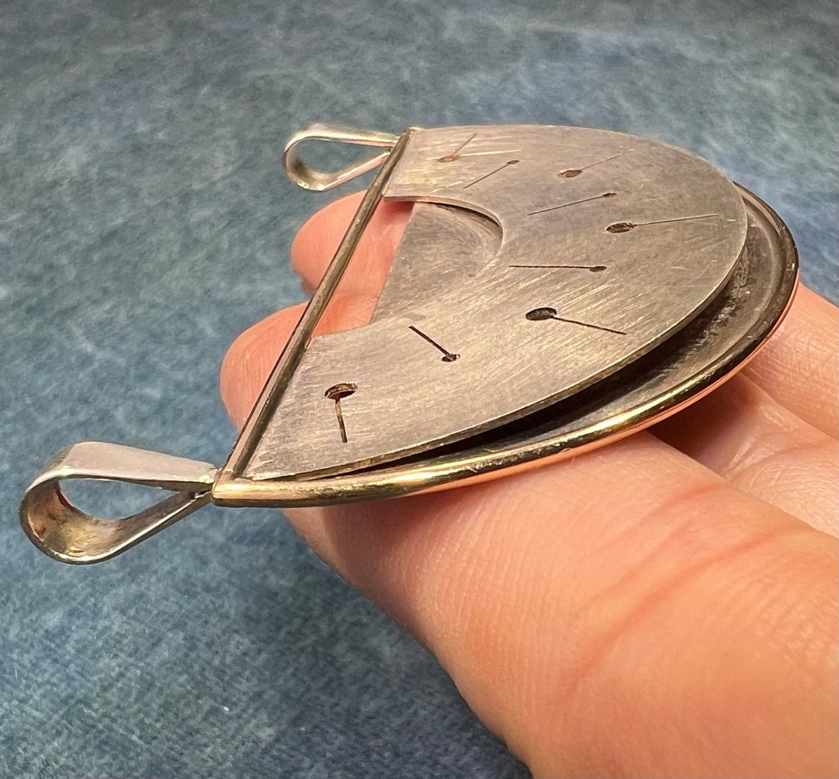 14k Yellow Gold + Silver Mid-Century Modern Semi-Circle Pendant. 2.2" + 13g