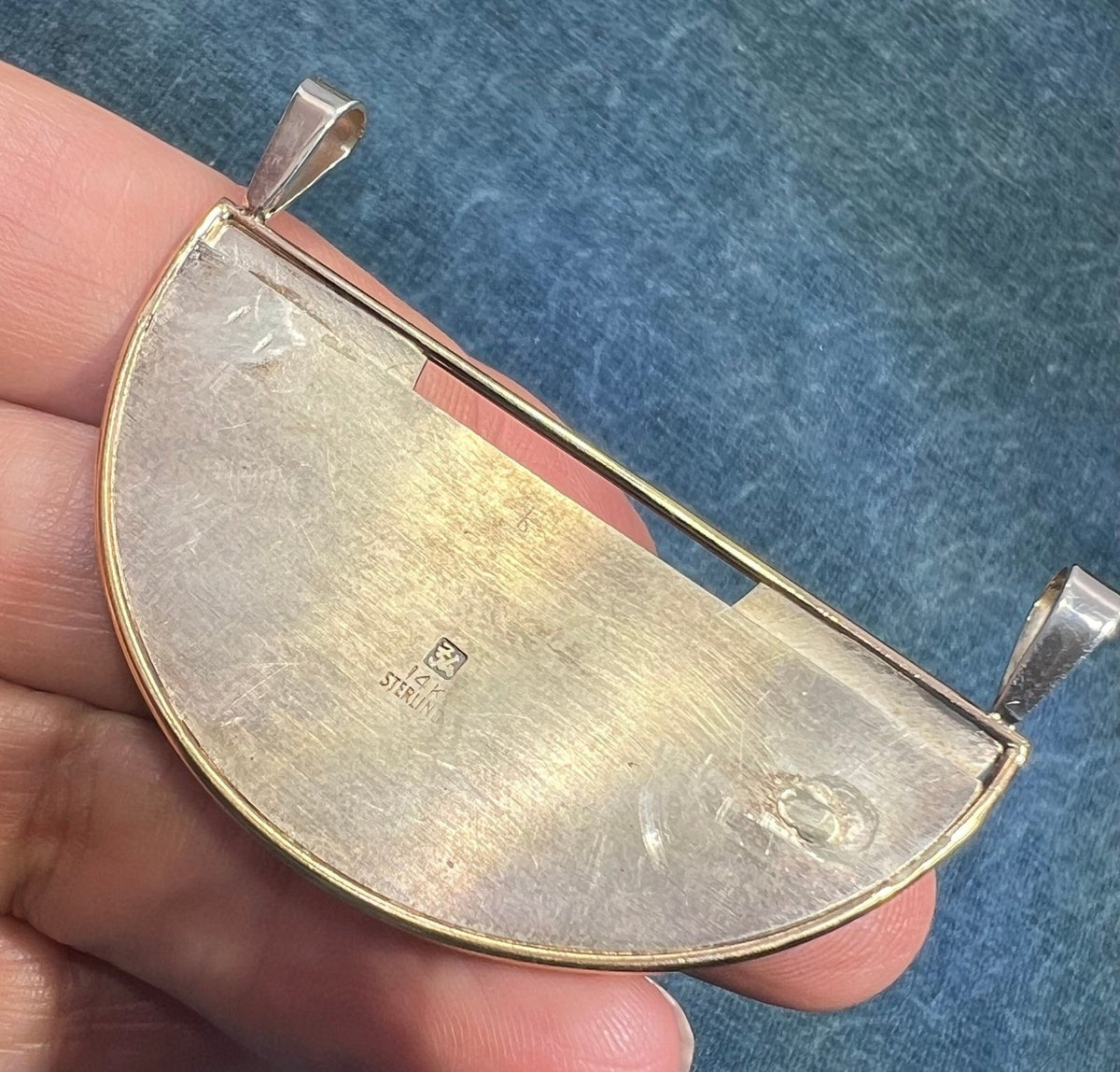 14k Yellow Gold + Silver Mid-Century Modern Semi-Circle Pendant. 2.2" + 13g
