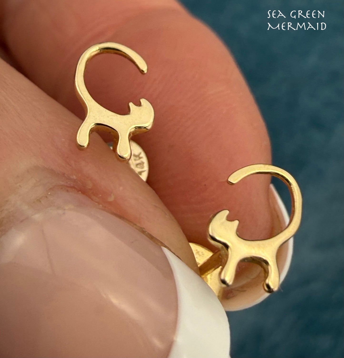 14k Yellow Gold Skinny Kitty Cat Earrings. Tiny!