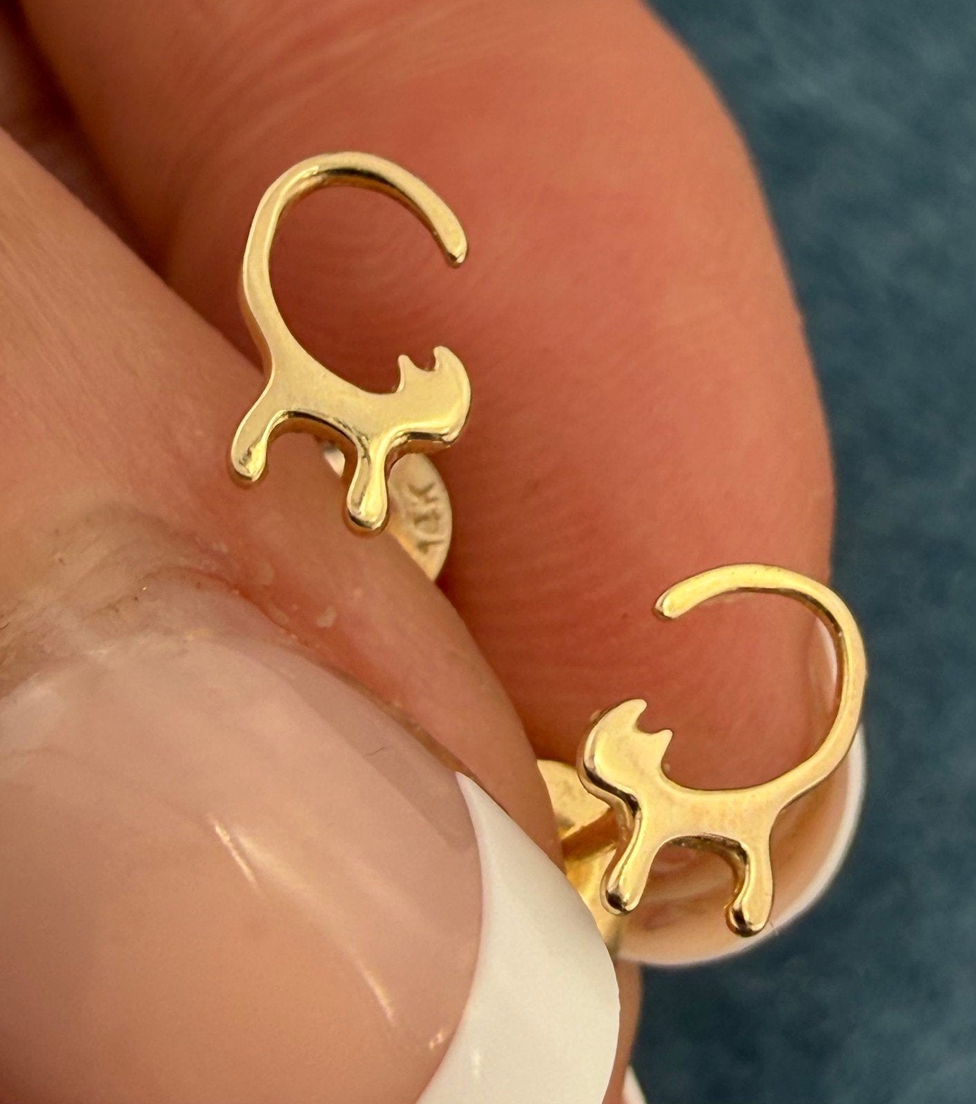 14k Yellow Gold Skinny Kitty Cat Earrings. Tiny!