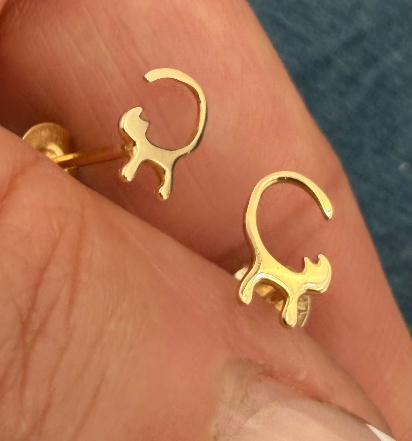 14k Yellow Gold Skinny Kitty Cat Earrings. Tiny!