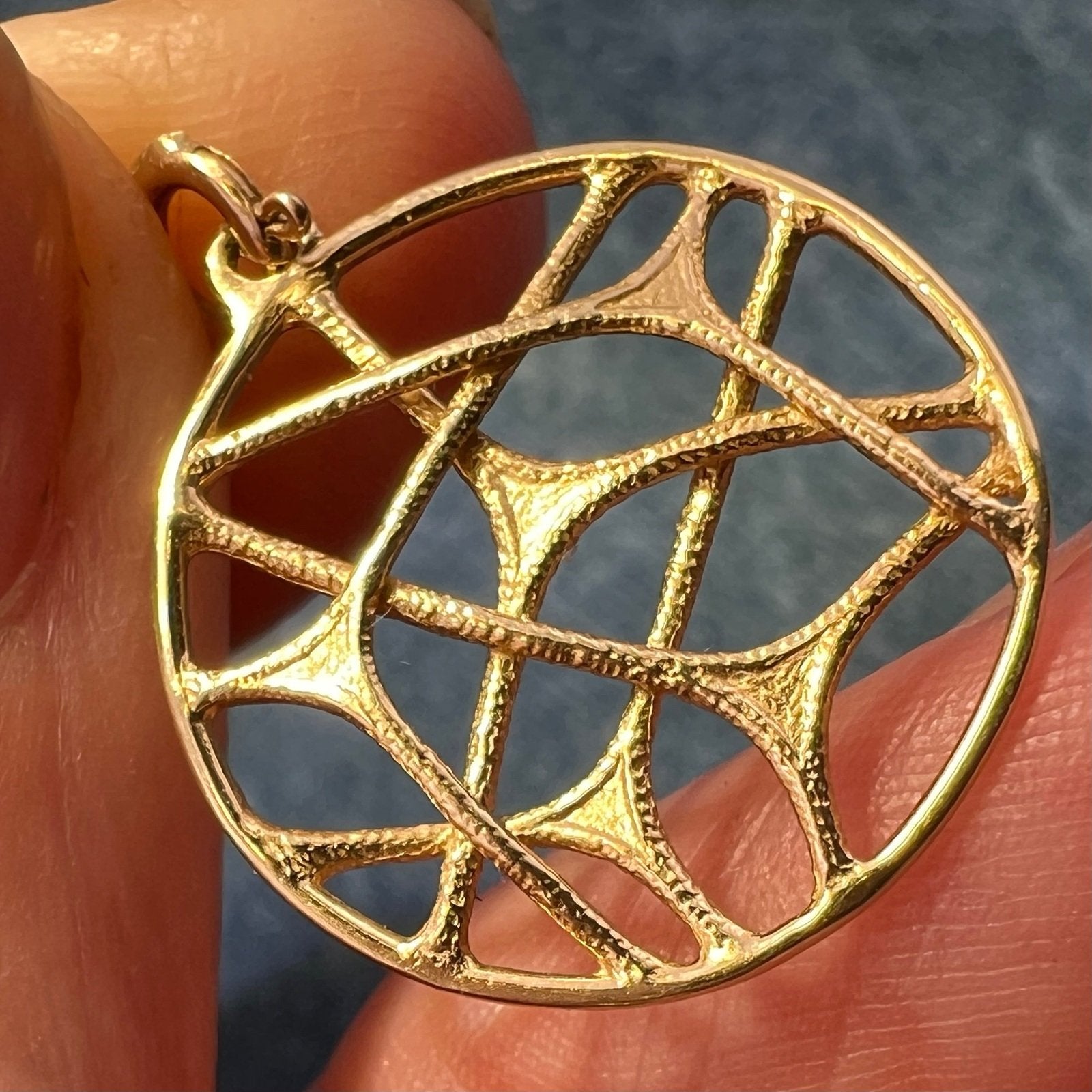 14k Yellow Gold Spiderweb Pendant. OOAK 3-D
