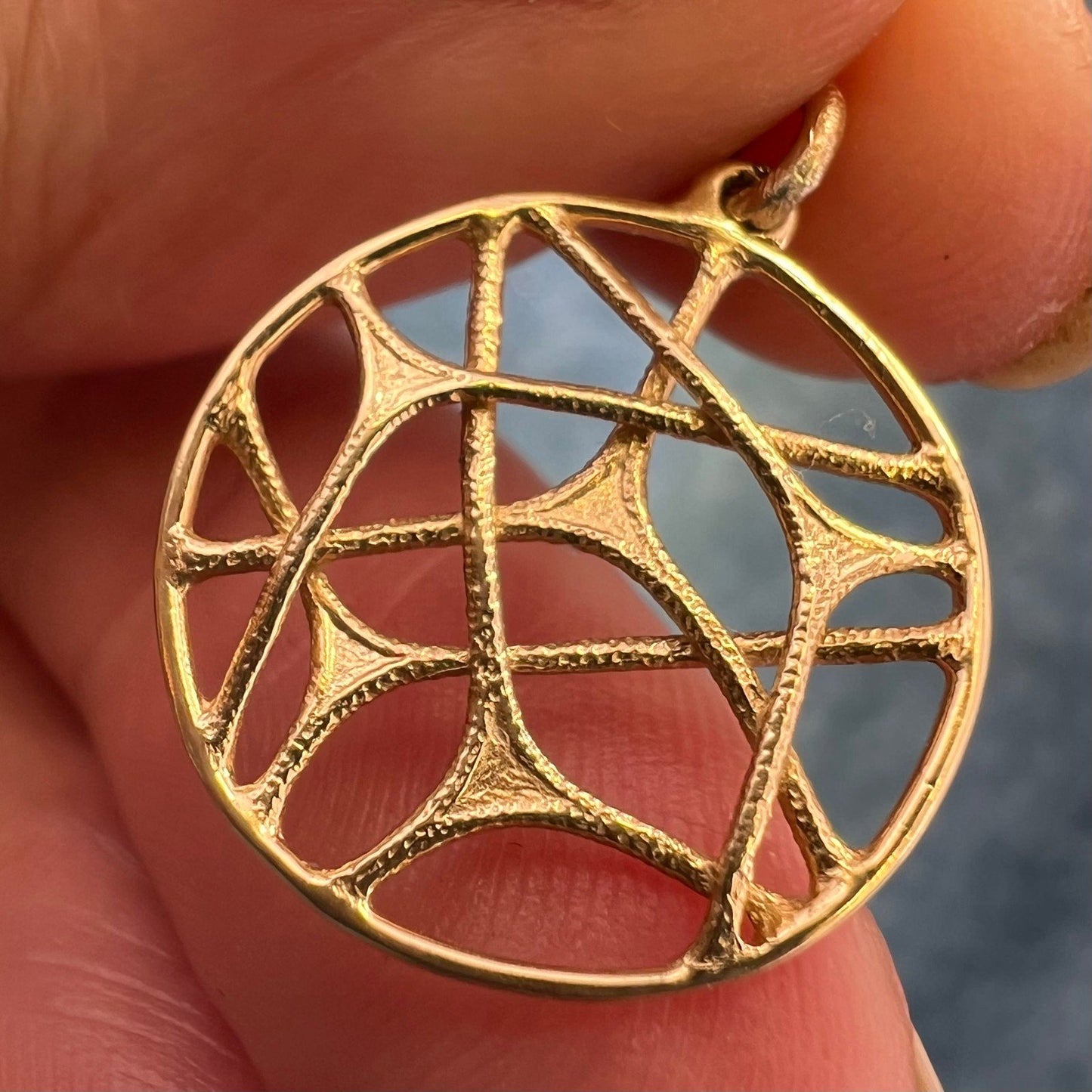 14k Yellow Gold Spiderweb Pendant. OOAK 3-D