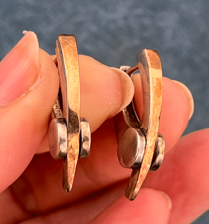 14k Yellow Gold & Sterling Gears Bolts Industrial Hoop Earrings. 1" + 8g