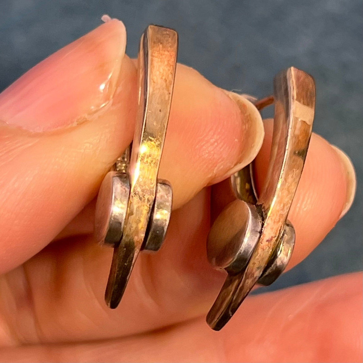 14k Yellow Gold & Sterling Gears Bolts Industrial Hoop Earrings. 1" + 8g
