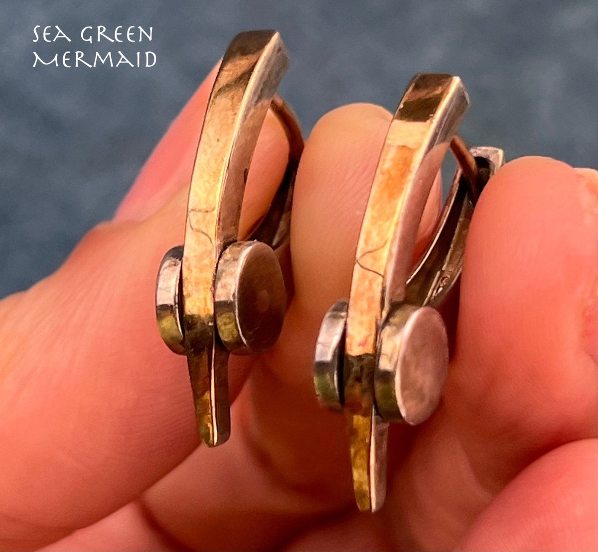 14k Yellow Gold & Sterling Gears Bolts Industrial Hoop Earrings. 1" + 8g