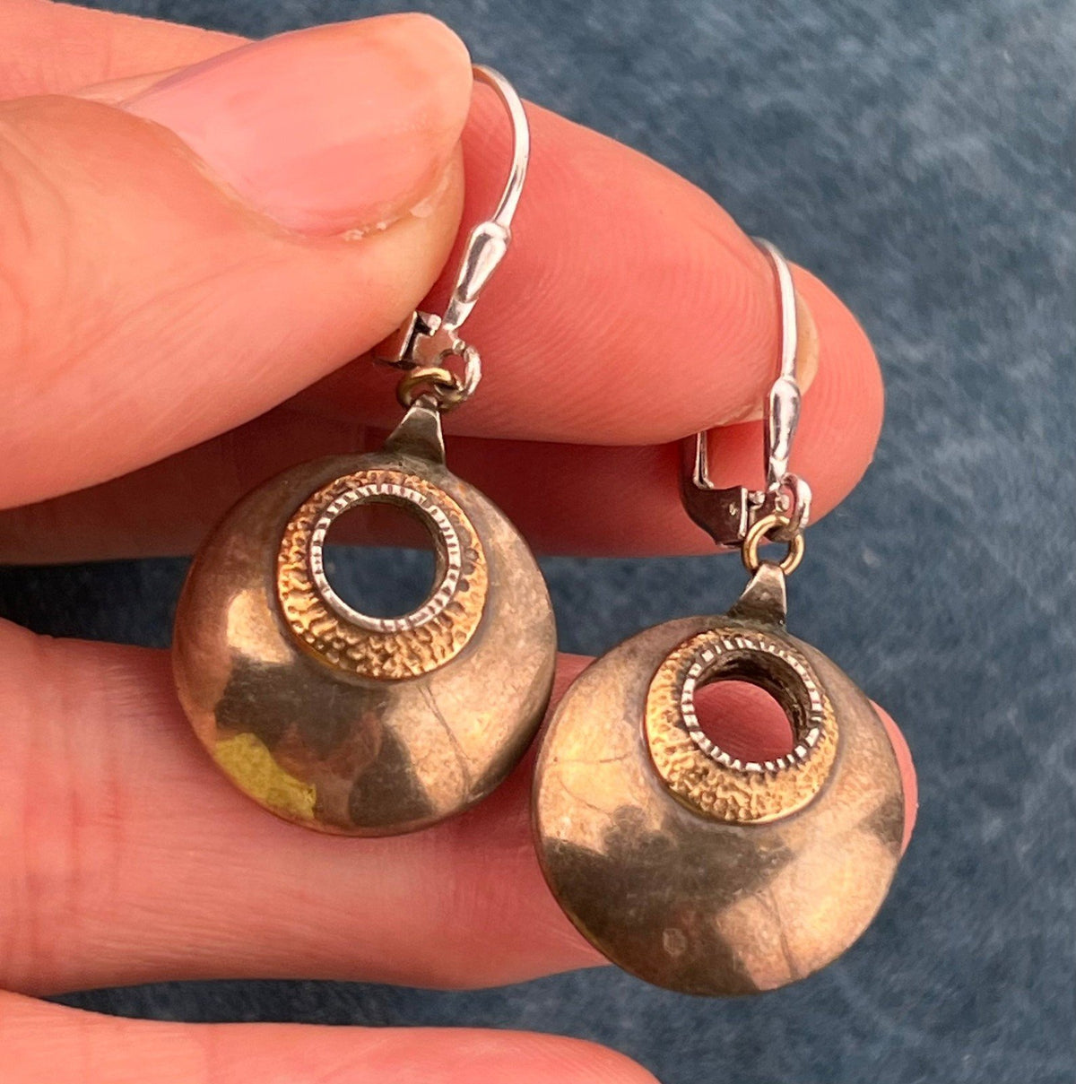 14k Yellow Gold + Sterling Gypsy Circle Earrings w Leverbacks