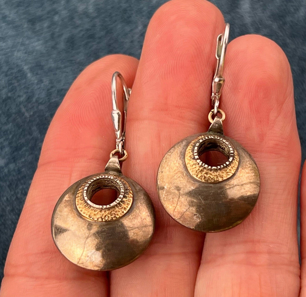 14k Yellow Gold + Sterling Gypsy Circle Earrings w Leverbacks