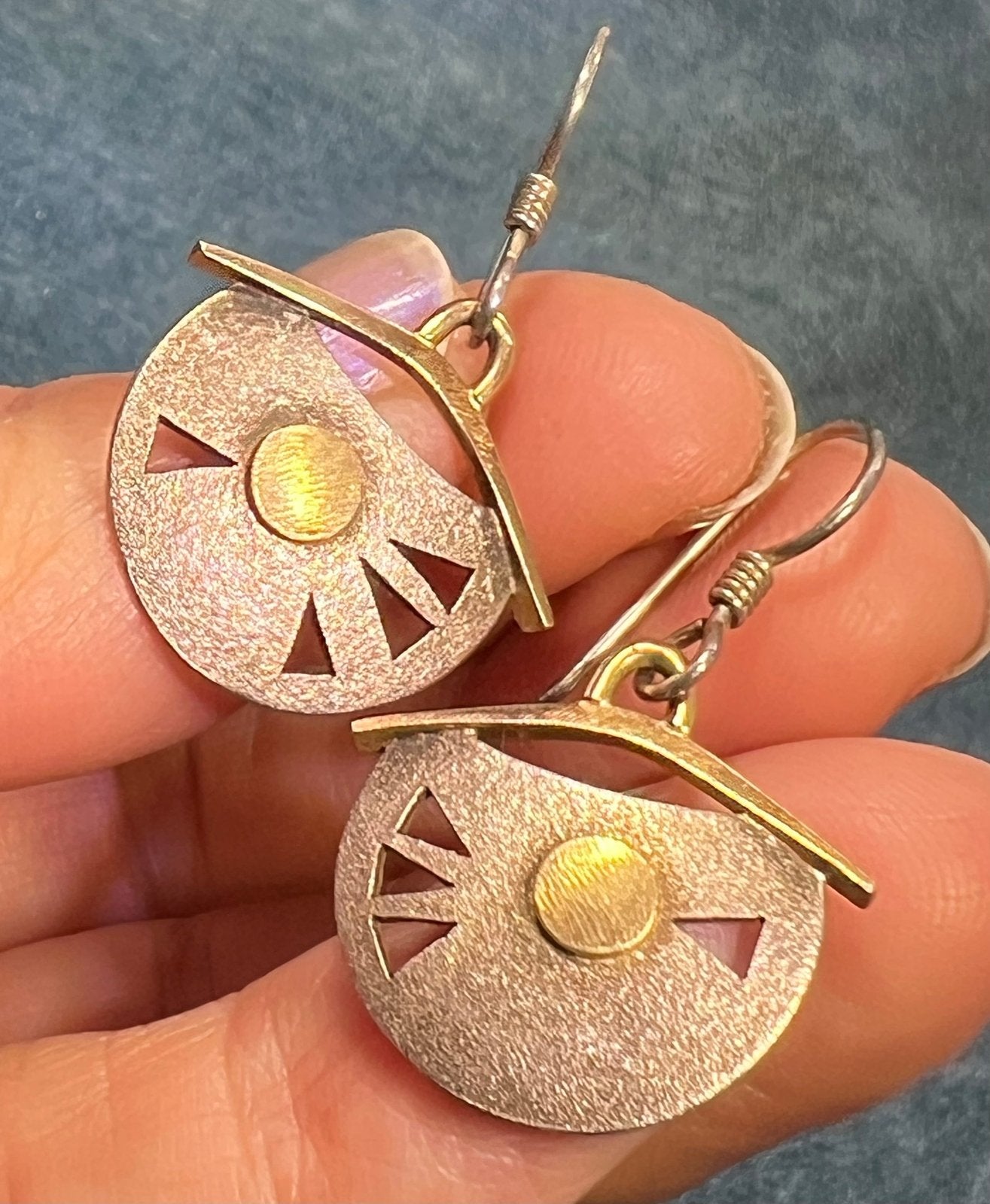 14k Yellow Gold + Sterling Silver Artisan Dangle Drop Geometric Earrings