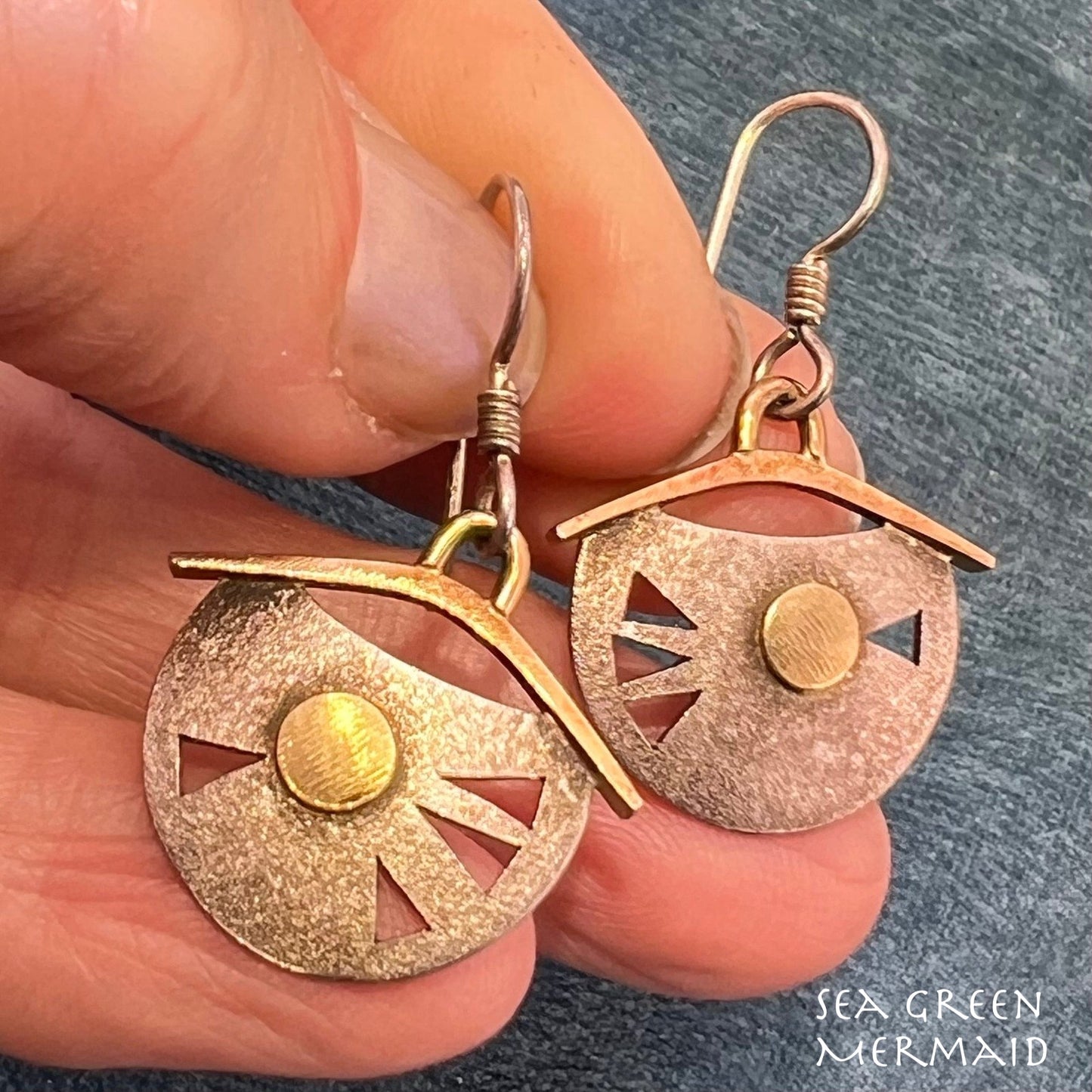 14k Yellow Gold + Sterling Silver Artisan Dangle Drop Geometric Earrings